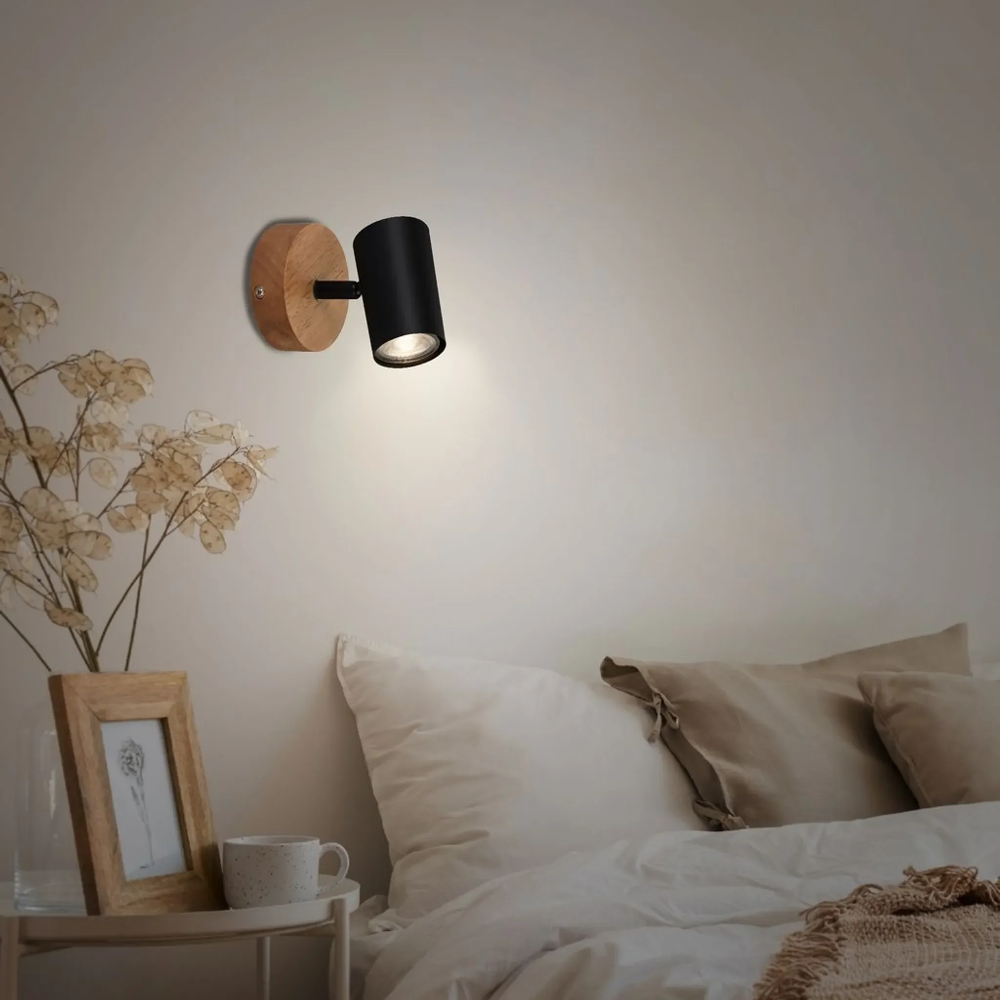 Wandspot Retro – dreh- & schwenkbar, 1× GU10, Schwarz mit Holz